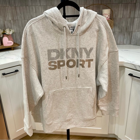 NWT DKNY Sport Women’s Rhinestone Sequin Logo Hoodie Light Gray - Size 2X - Picture 2 of 12